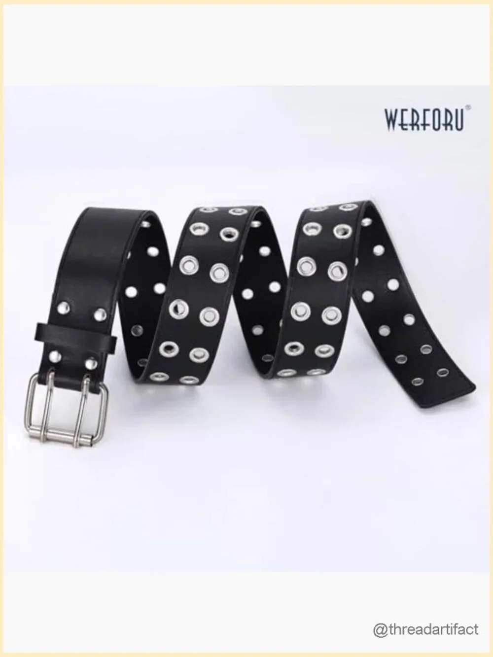 Double Grommet Belt PU Leather Punk Belt for Jeans 1.5 Wide Adjustable